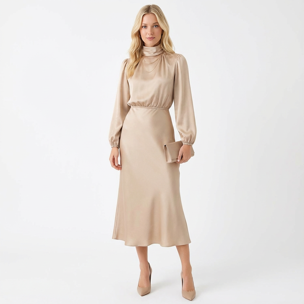 Tessa | Satijnen Hoge-Hals Midi Jurk voor Dames