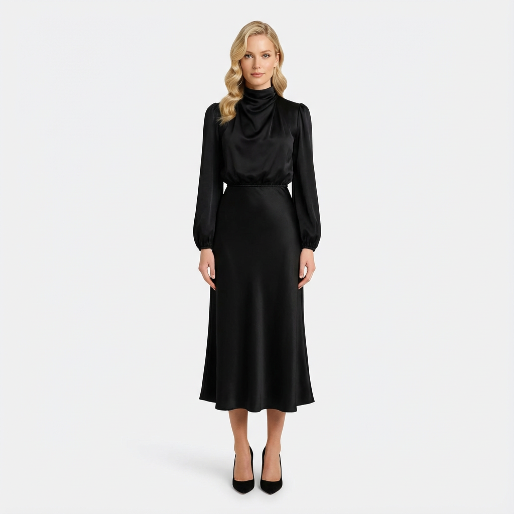 Tessa | Satijnen Hoge-Hals Midi Jurk voor Dames